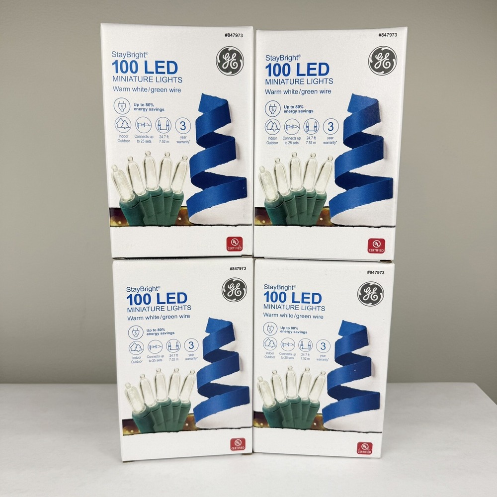 GE StayBright 100 LED Count Warm White Miniature Christmas String Lights 4 Boxes